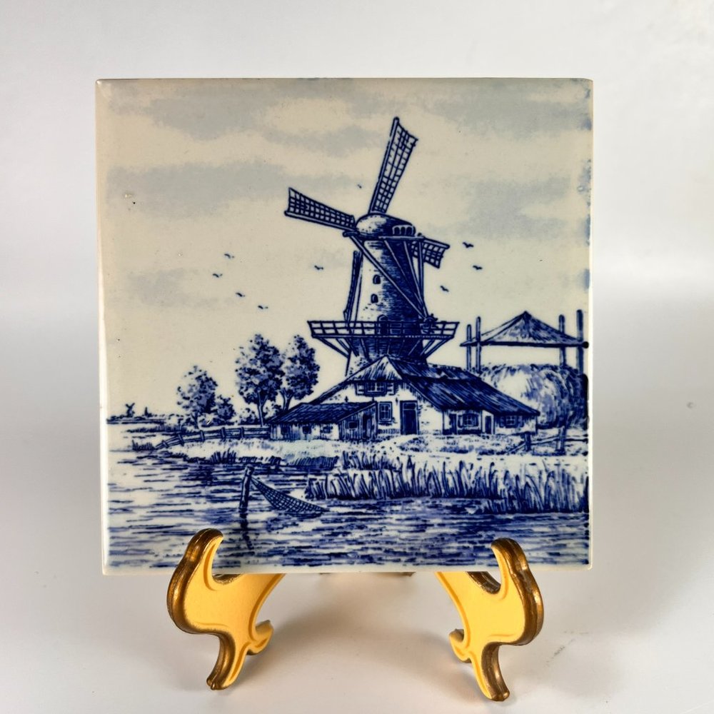 Vtg Joa Delft Tile Blue Hand Painted Dutch Windmill Wall Art Hang